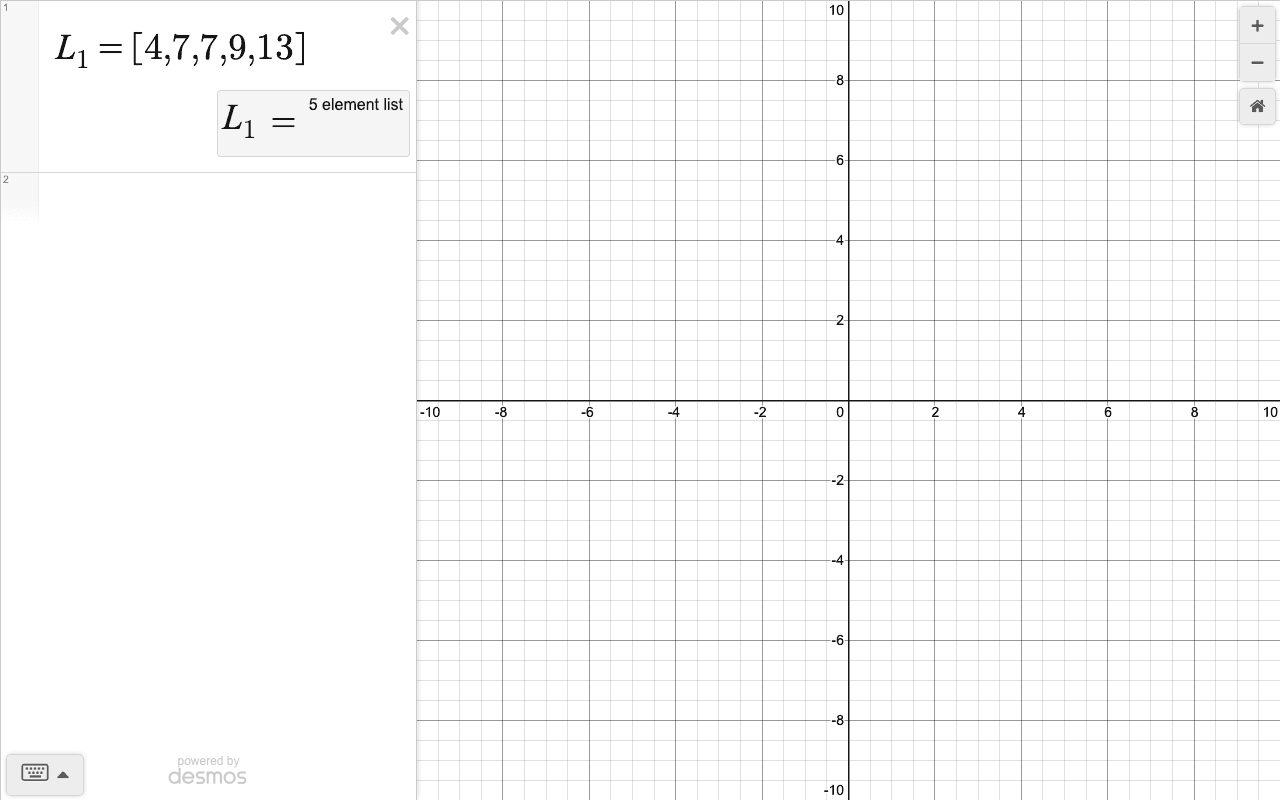 Desmos expression panel showing the list L_1 = [4, 7, 7, 9, 13] typed in.