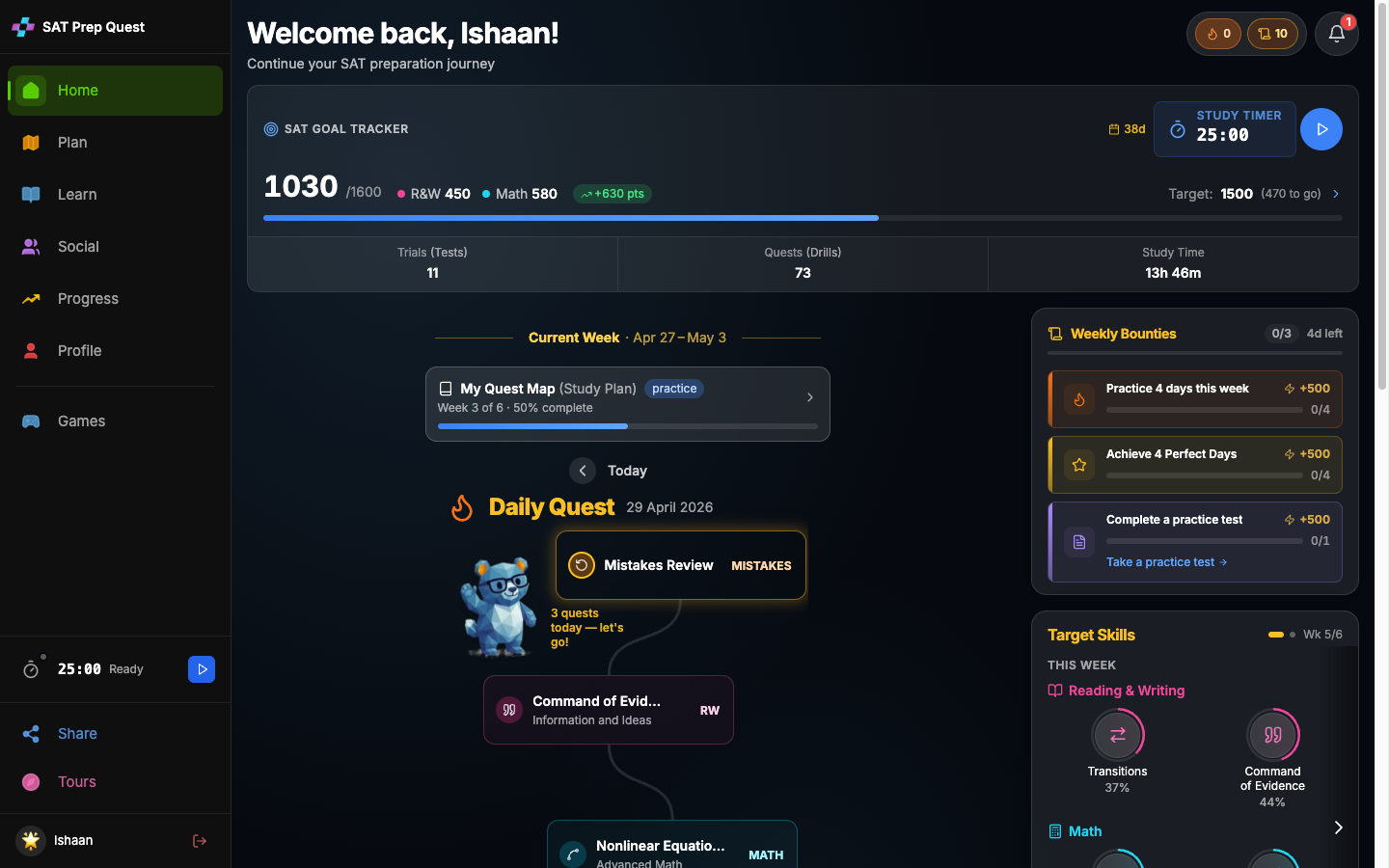 SAT Prep Quest student dashboard with quest map, weekly bounties, target skills, and SAT goal tracker