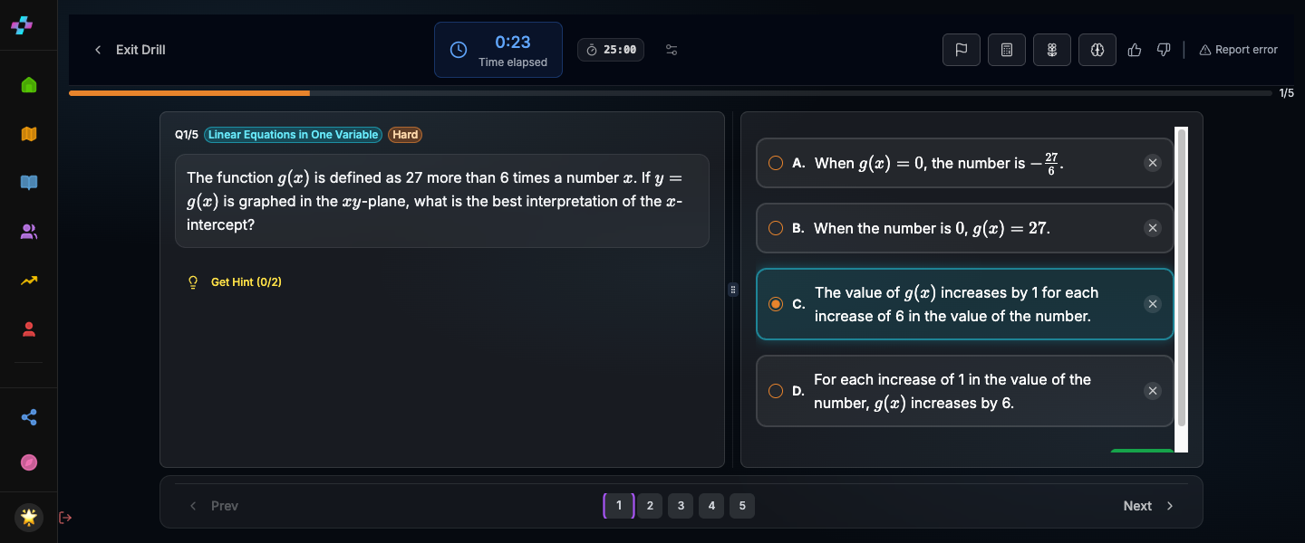 SAT Prep Quest drill session showing a hard linear-equations question with multiple-choice answers
